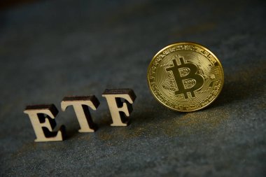 Taş arka plan üzerinde Etf metin ile Bitcoin sikke