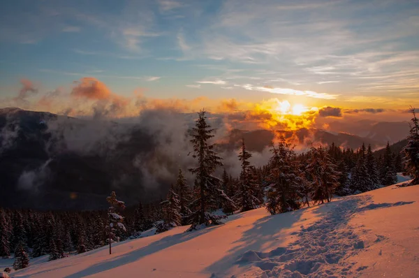 Úžasná krajina v zimních horách při východu slunce — Stock fotografie