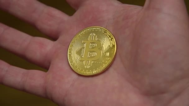 Altın bitcoin tutan adam el — Stok video