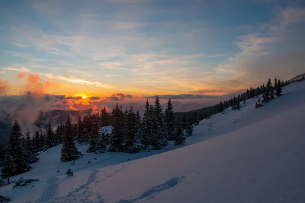 Úžasná krajina v zimních horách při východu slunce — Stock fotografie