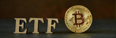 Taş arka plan üzerinde Etf metin ile Bitcoin sikke