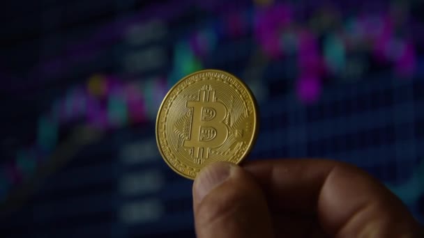 Tangan manusia memegang koin emas bitcoin — Stok Video