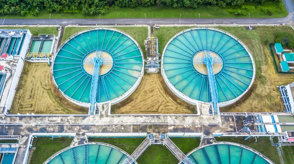 Aerial top view recirculation solid contact clarifier sedimentation tank, Water treatment plant.