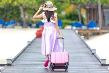 Arkadan görünüşü gezi ve seyahat beldesinde, yaz seyahat kavramı için Bagaj köprüde taşıyan genç kız.