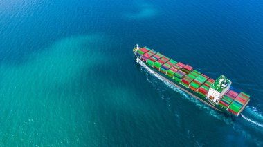 Aerial view container ship carrying container for import and export, business logistic and freight transportation by ship in open sea. clipart