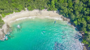 Phuket beach, Phuket, Tayland, havadan görünümü tropikal beyaz kum plaj azure ile havadan görünümü çekim açık su, şemsiye ve yeşillikler.