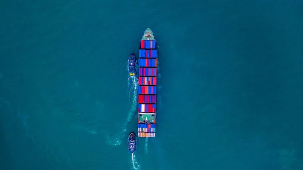 Container ship carrying container for import and export, business logistic and transportation by ship in open sea, Aerial view cargo container ship .