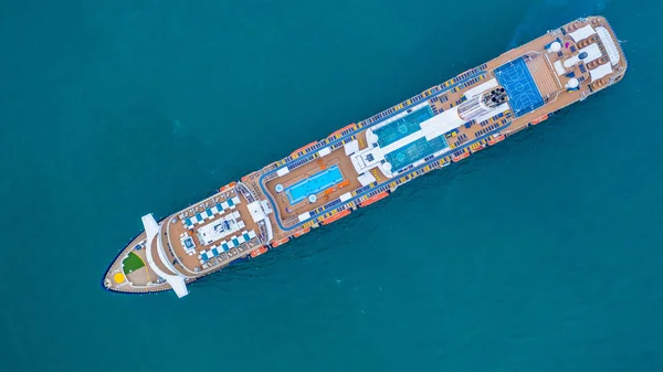 Aerial view large cruise ship at sea, Passenger cruise ship vessel, sailing across the Gulf of Thailand.