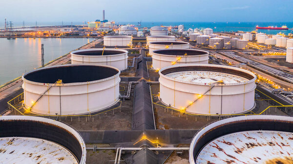 Storage tanks and oil terminal in petrochemical terminal port.