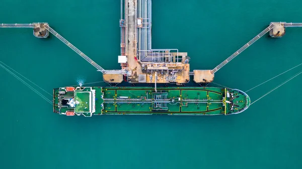 Tanker ship at the port, Oil terminal tanker ship loading, Aerial view.