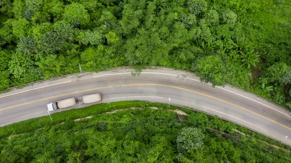 Aerial View Road Passing Forest Car Mountain Road Curves Going — Stock Photo, Image