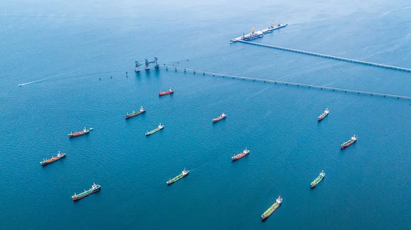 Aerial view oil tanker ship and gas tanker ship loading in port.