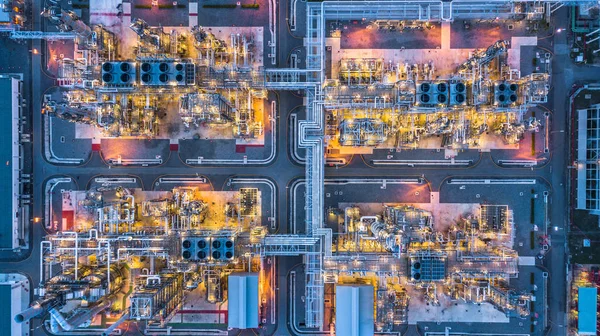 Aerial view Petrochemical plant at night, Oil refinery plant at night.