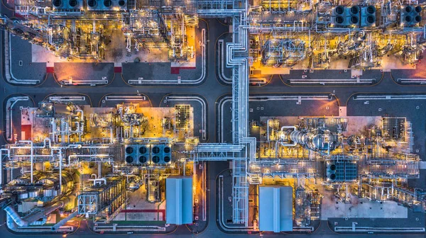 Flygfoto Petrokemiska Anläggning Natten Raffinaderiet Oljeväxt Nattetid — Stockfoto