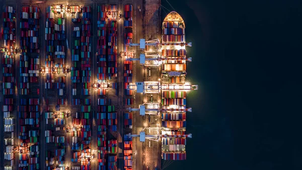 Crane Frakt Container Natten Aerial Top Visa Container Fartyg Som — Stockfoto