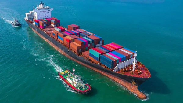 Container Ship Arriving Port Tug Boat Container Ship Going Deep — Stock Photo, Image