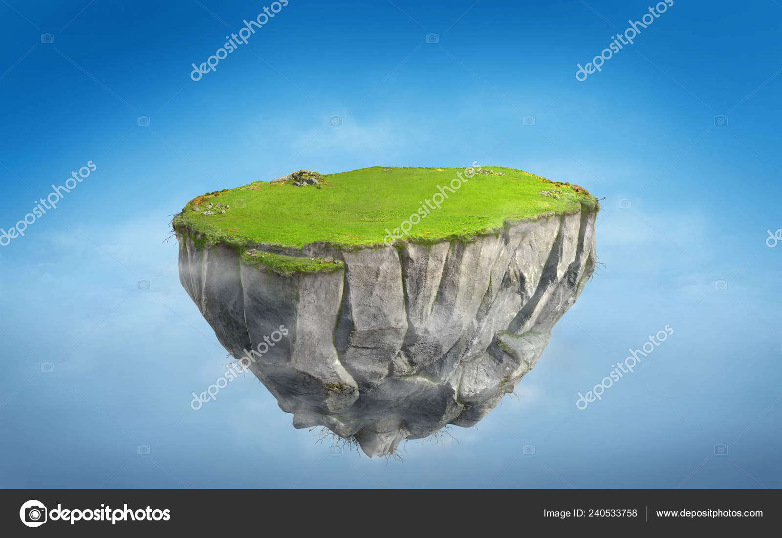 Fantasy Floating Island Green Grass Land Blue Sky Surreal Float Stock Photo  by ©RedTiger 240533758