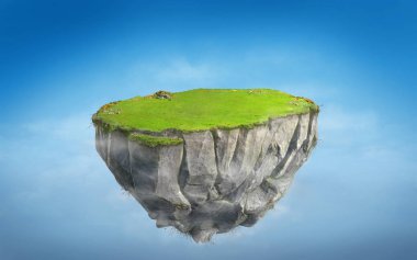 3D fantezi yüzen ada ile yeşil çim arazi üzerinde mavi gökyüzü, gerçeküstü float rock dağ cennet kavramı 3d çizim ile