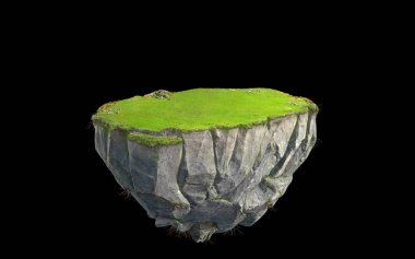 3D fantezi yüzen ada cennet kavramı 3d çizim ile siyah, gerçeküstü float rock dağda izole yeşil çim arazi ile