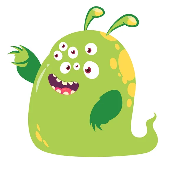 Grappige Gelukkig Cartoon Monster Met Veel Ogen Wijzend Handje Halloween — Stockvector