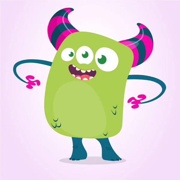 Schattige Cartoon Monster Met Hornsand Drie Ogen Vectorillustratie — Stockvector