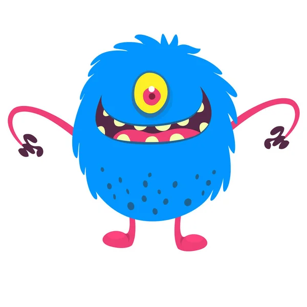 Cute Cartoon Één Eyed Monster Glimlachen Vectorillustratie Van Blauwe Harig — Stockvector