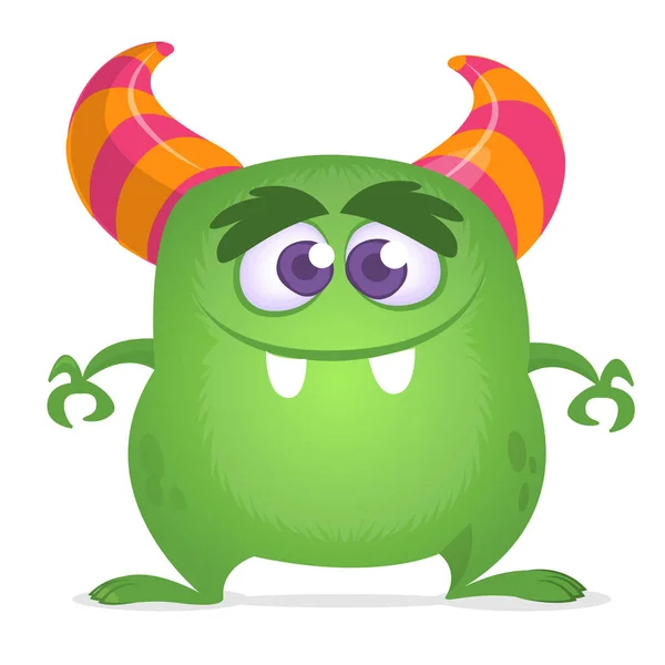 Grappige Cartoon Monster Groene Gehoornde Monster Vectorillustratie Halloween Ontwerp — Stockvector