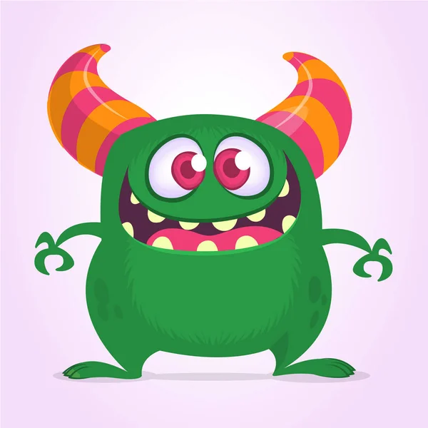 Happy Cartoon Monster Met Grote Mond Vol Tanden Groene Monster — Stockvector