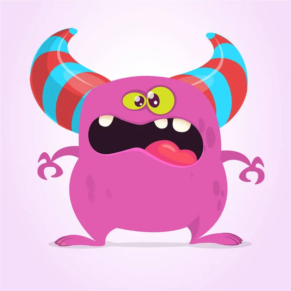 Cool Cartoon Monster Met Hoorns Vectorillustratie Roze Monster Halloween Ontwerp — Stockvector