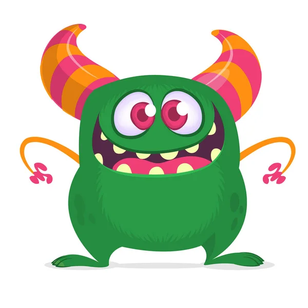 Happy Cartoon Monster Met Grote Mond Vol Tanden Groene Monster — Stockvector