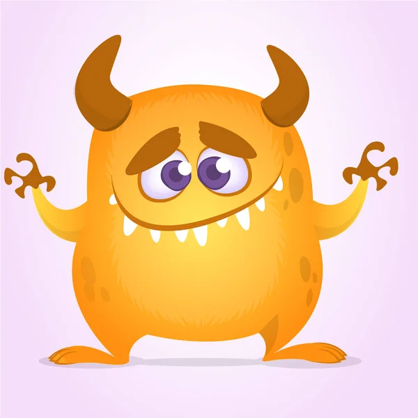 Boynuzları Olan Mutlu Sevimli Çizgi Canavar Vektör Portakal Monster Çizim — Stok Vektör