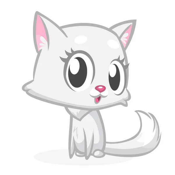 Pretty white cat cartoon with fluffy tail. Vector illustration — Stock Vector