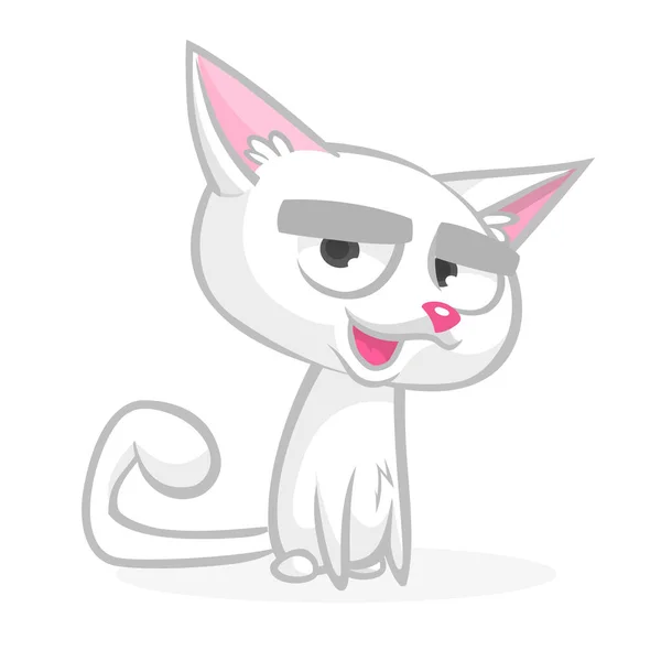 Gato branco resmungão dos desenhos animados. Bonito gordura desenho animado gato ilustração com uma expressão rabugenta —  Vetores de Stock