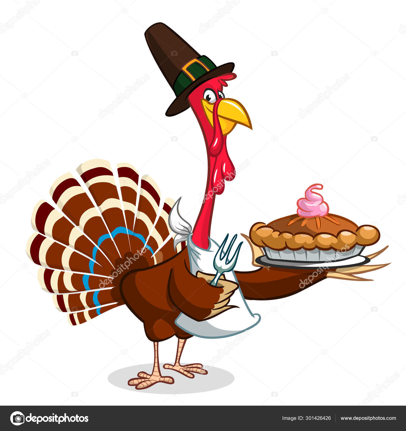 Thanksgiving Cartoon Turkey bird holding fork and pie. Vector illustration  of funny turkey character clipart Stock Vector Image by ©  #301426426