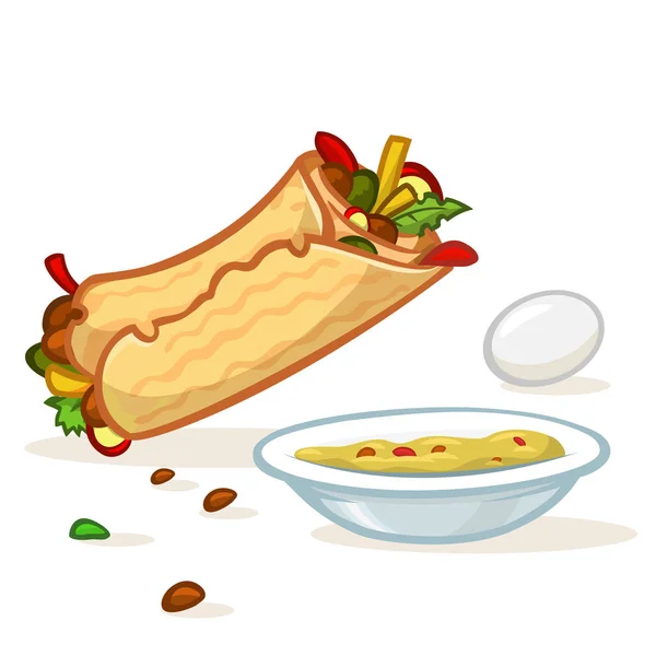 Cartoon Falafel roll, płyta z hummus i ilustracji jaj. Ikony żywności ulicznej. Wektor na białym tle — Wektor stockowy