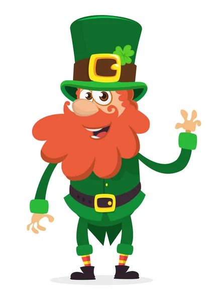 Glücklicher heiliger patrick tag. Lächelnde Cartoonfigur Kobold mit grünem Hut, der mit der Hand wedelt. Vektorillustration — Stockvektor