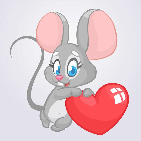 Desenhos animados bonito mouse segurando um coração de amor. Ilustração vetorial para o Dia de São Valentim. Isolados —  Vetores de Stock