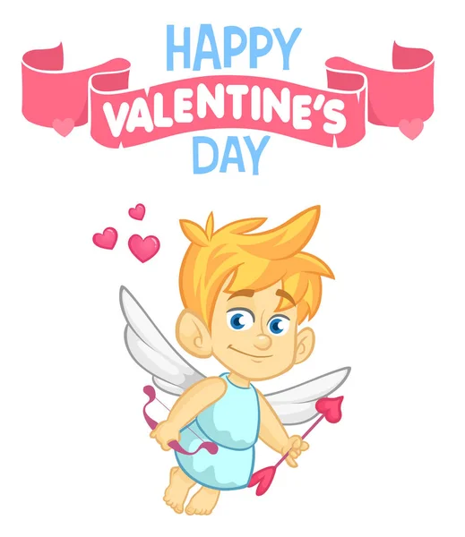 Cute cartoon cupid baby boy character with wings holding bow and arrows — Stock Vector