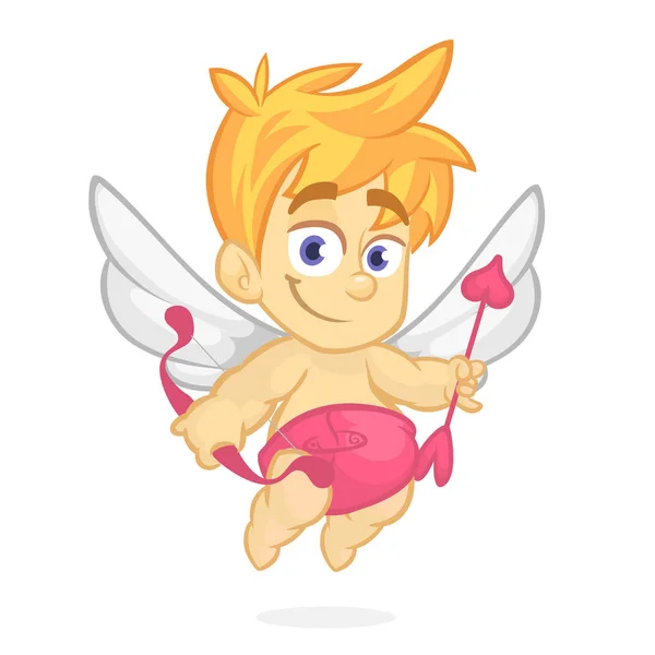 Mignon dessin animé Cupidon bébé garçon personnage avec des ailes tenant arc et flèches — Image vectorielle