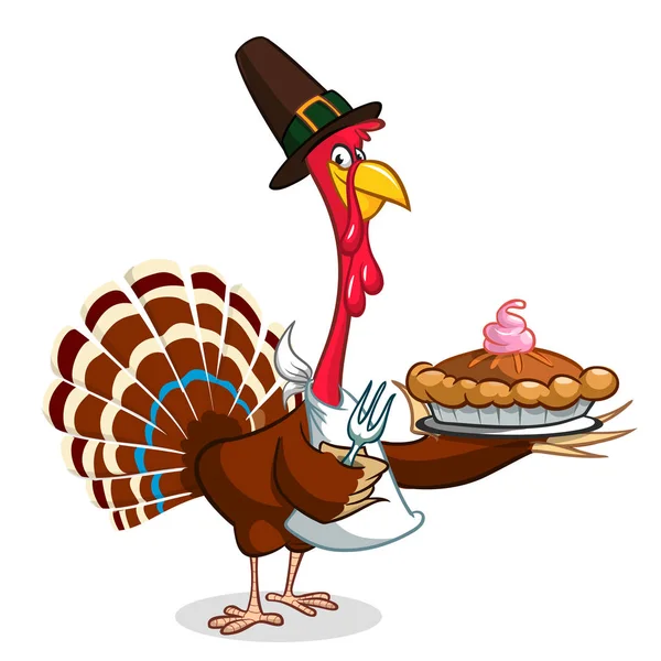 Thanksgiving cartoon Turkije vogel houden vork en taart. Vector illustratie van grappige Turkije teken clipart — Stockvector