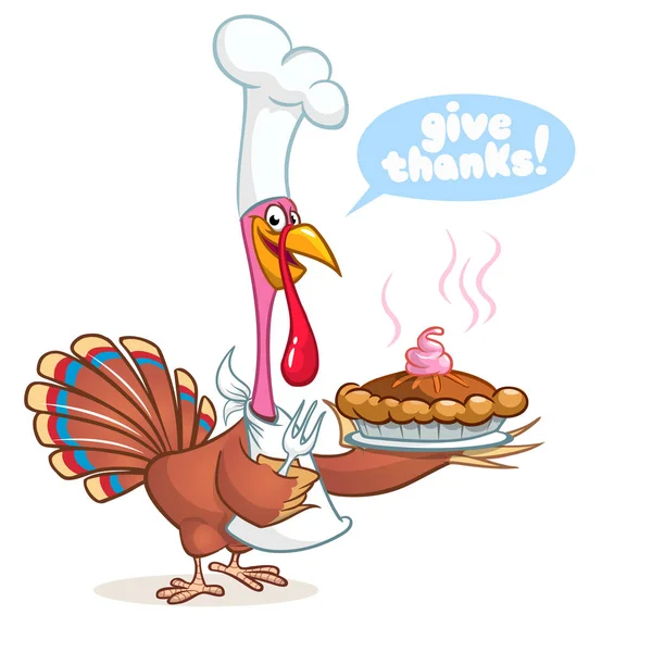 Giorno del Ringraziamento Cartoni animati tacchino uccello tenendo forchetta e torta. Illustrazione vettoriale della divertente clipart personaggio tacchino — Vettoriale Stock
