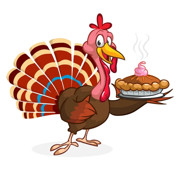 Caricatura de Acción de Gracias Pavo pájaro sosteniendo tenedor y pastel. Ilustración vectorial de divertido personaje de pavo clipart — Vector de stock