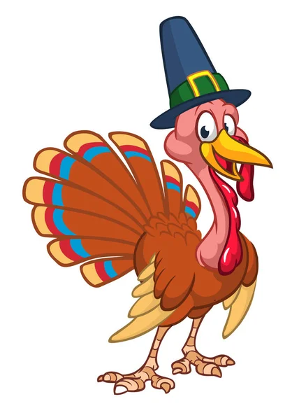 Cartoon gelukkig Thanksgiving Turkije karakter dragen Pilgrim hoed omtrek. Vector illustratie geïsoleerd. — Stockvector