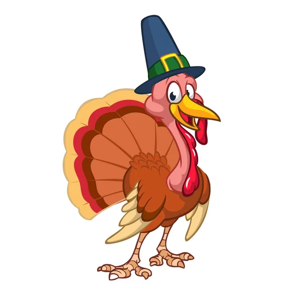 Cartoon Thanksgiving Turkije karakter dragen Pilgrim hoed omtrek. Vector illustratie geïsoleerd. — Stockvector