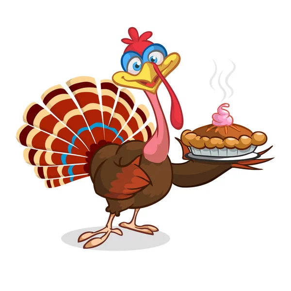 Cartoon Turkije karakter met een taart. Thanksgiving clipart — Stockvector