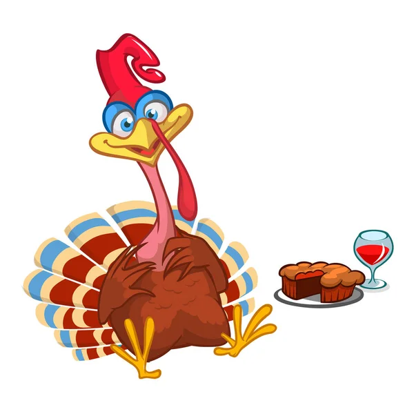Thanksgiving Cartoon Turkey bird with a pie and wine. Vector illustration of funny turkey character clipart — Stock Vector