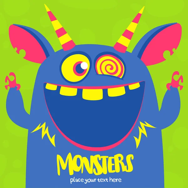 Halloween Vector Blue Horned Monster Big Teeth Mouth Opened Wide — Stock Vector