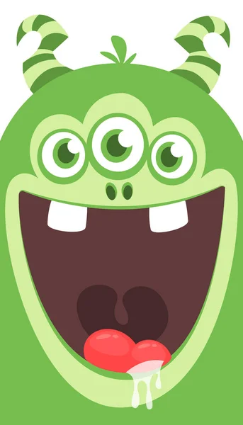 Halloween Cartoon Green Horned Monster Thee Eyes Vector Illustration Isolated — Stock Vector