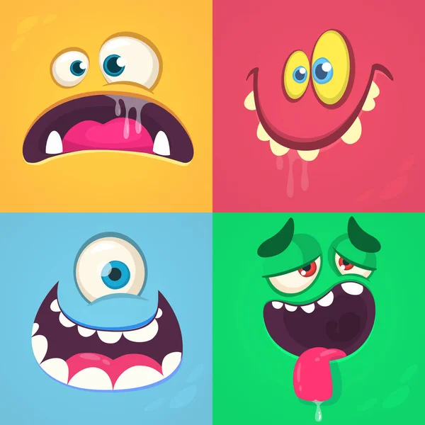 Cartoon monster faces set. Vector set of four Halloween monster faces with different expressions. Children book illustrations or party decorations. One eyed alien, smiling devil, scared troll, tired monster