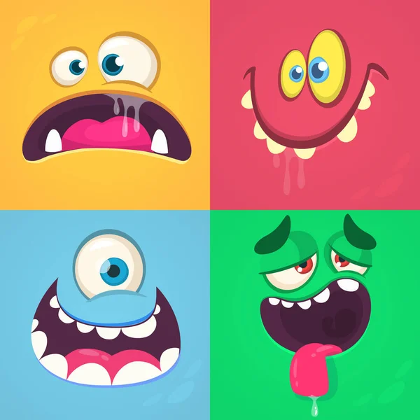 Caras Monstruo Dibujos Animados Conjunto Vectorial Cuatro Caras Monstruo Halloween — Vector de stock